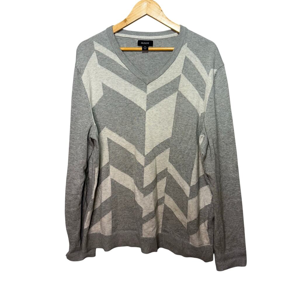 Alfani Sweater Women’s Size XL Gray V-Neck Long Sleeve Geometric Chevron Cotton
